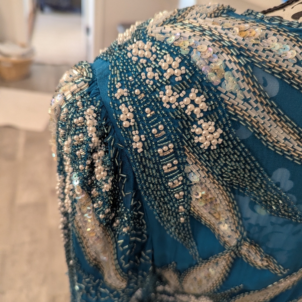 AJ Bari VTG Silk Blue Sequin Beaded Dress 10 - Picture 6 of 10
